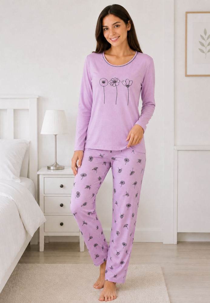 Pijama de damă cu bluză cu maneca lunga și pantaloni lung -Lila ,Engros